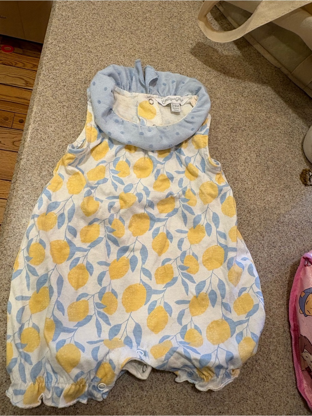 Emily and Oliver Lemon Print Baby Girls Romper with Blue Collar 3-6months